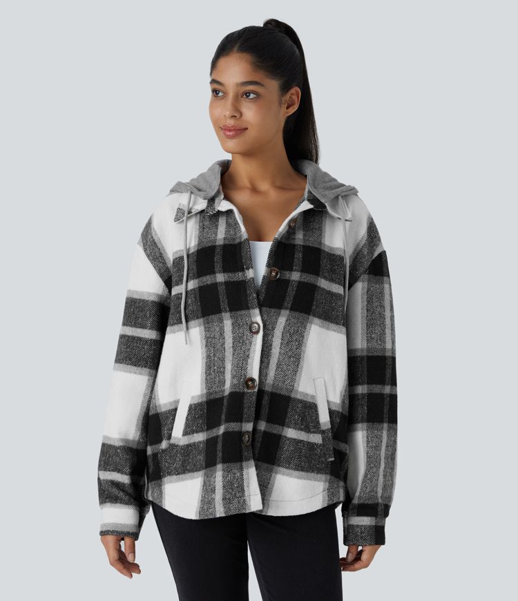 Removable Hood Drawstring Button Long Sleeve Side Pocket Plaid Casual Jacket