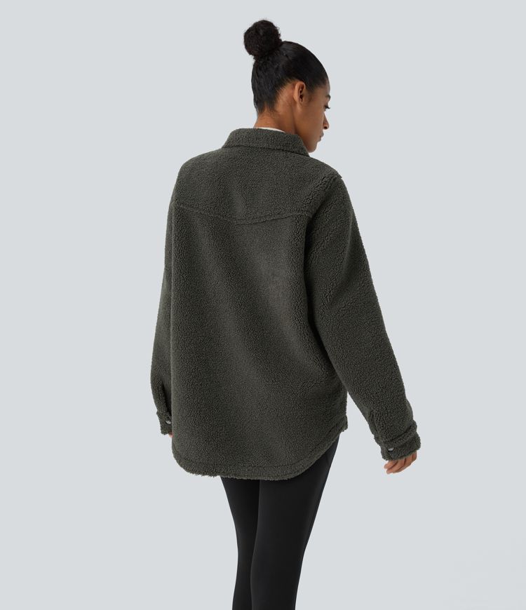 Pocket Long Sleeve Curved Hem Casual Sherpa Jacket