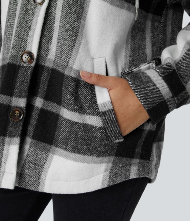 Removable Hood Drawstring Button Long Sleeve Side Pocket Plaid Casual Jacket