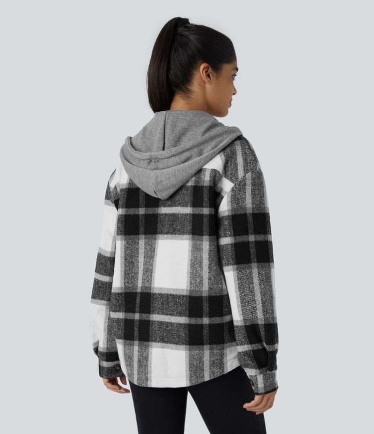 Removable Hood Drawstring Button Long Sleeve Side Pocket Plaid Casual Jacket
