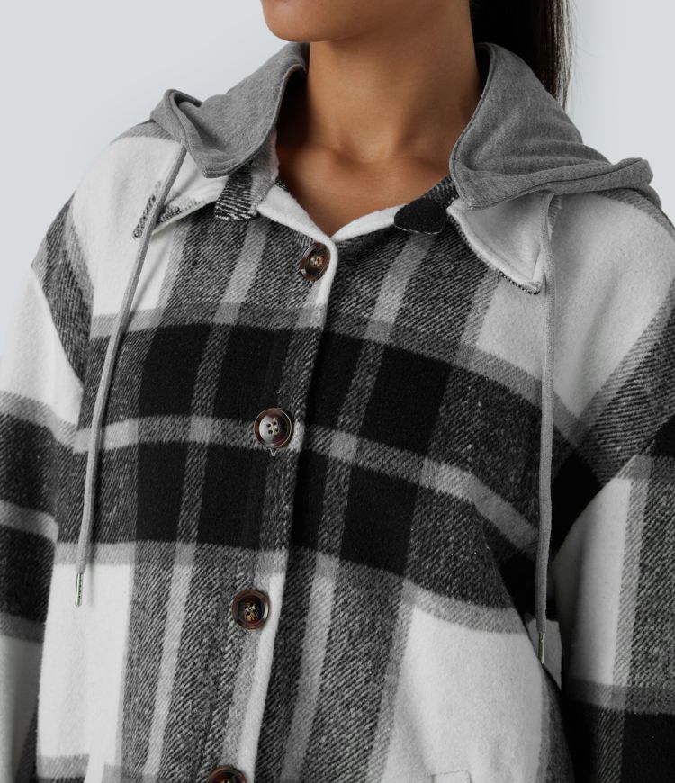 Removable Hood Drawstring Button Long Sleeve Side Pocket Plaid Casual Jacket