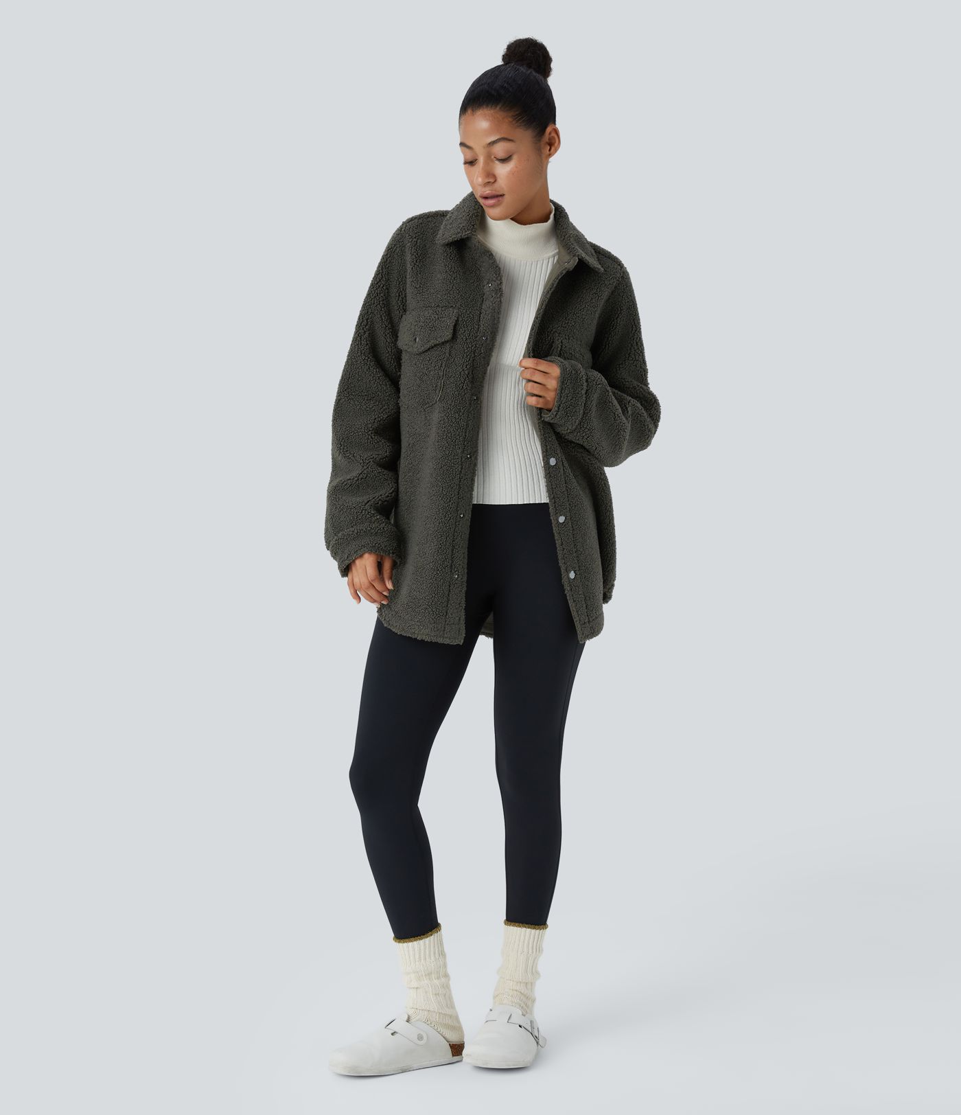 Pocket Long Sleeve Curved Hem Casual Sherpa Jacket