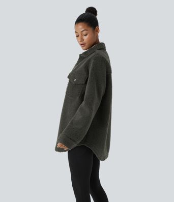 Pocket Long Sleeve Curved Hem Casual Sherpa Jacket