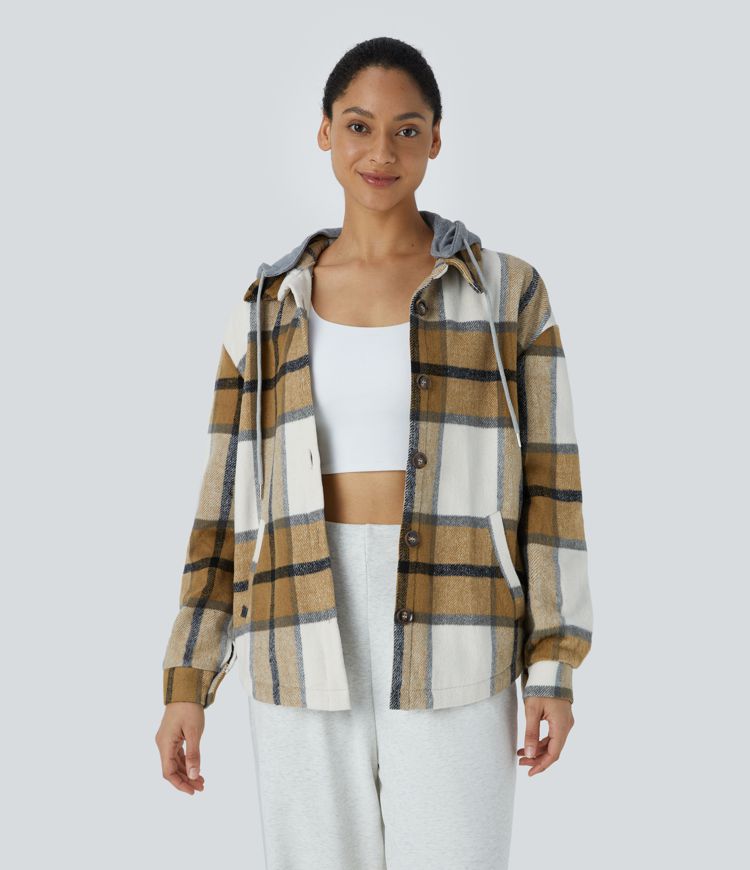 Chaqueta cuadro capucha extraíble cordón ajustable botón manga larga bolsillo lateral