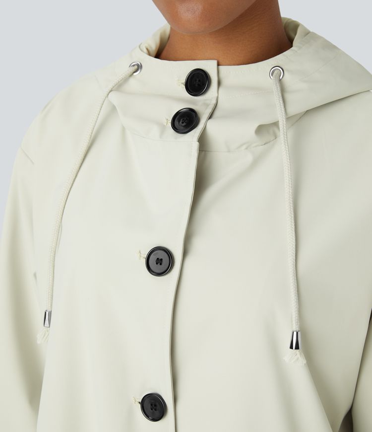 Water Repellent Hooded Drawstring Long Sleeve Pocket Longline Hiking Jacket