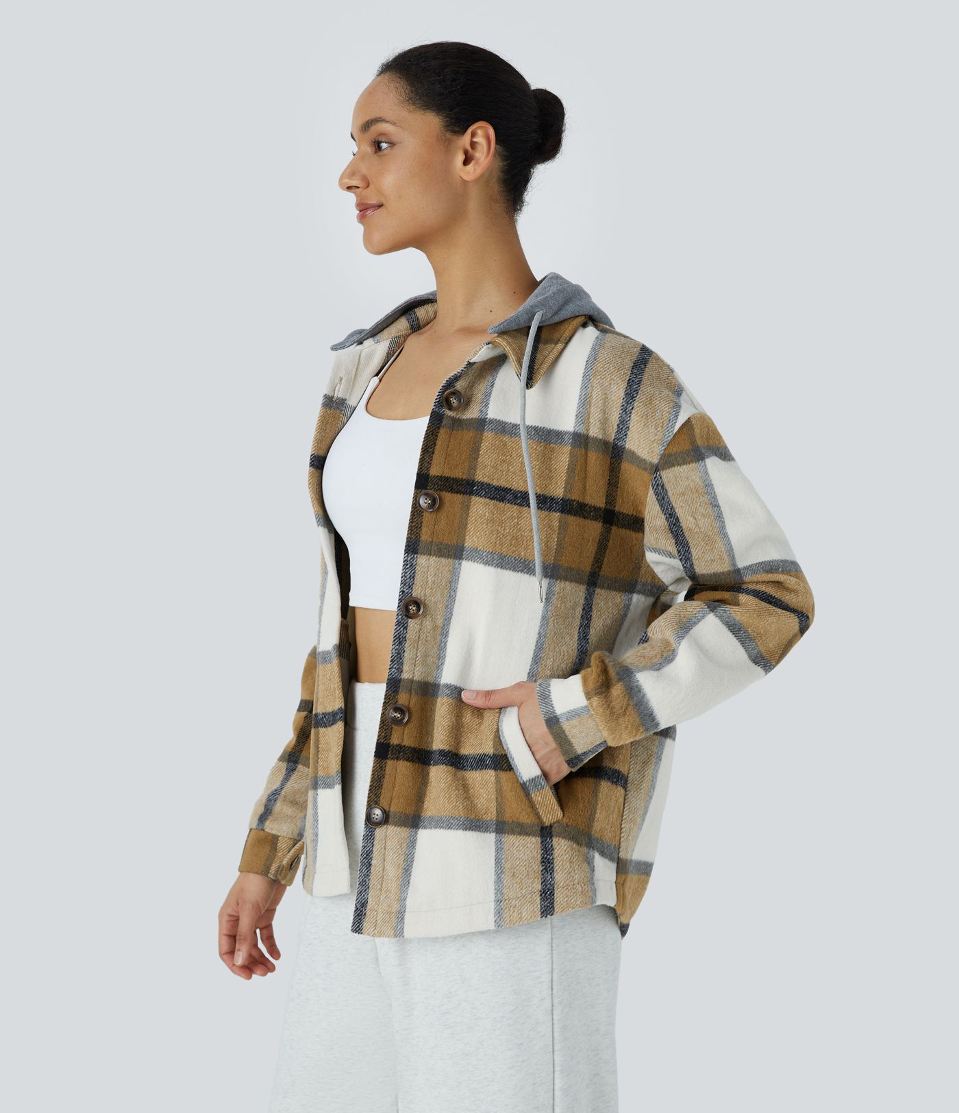 Chaqueta cuadro capucha extraíble cordón ajustable botón manga larga bolsillo lateral