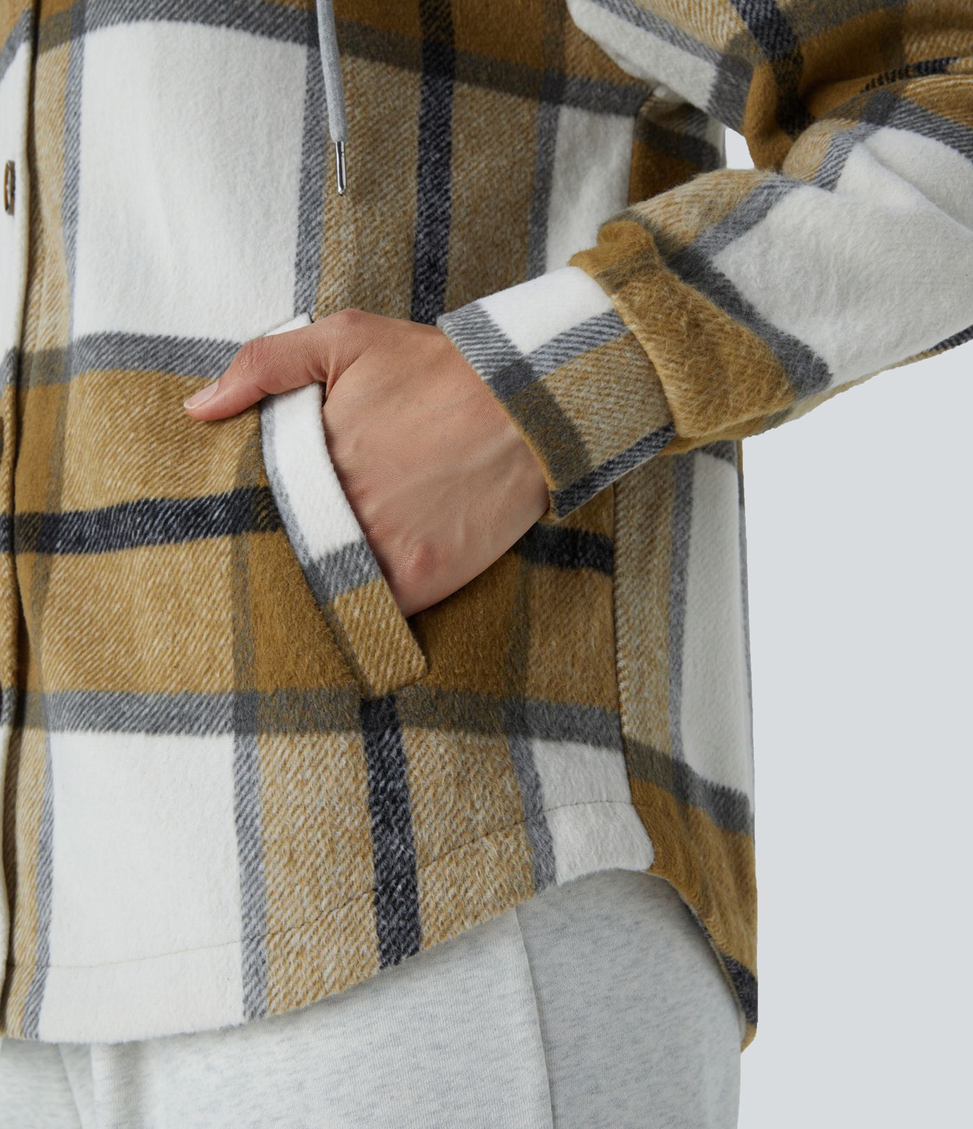 Chaqueta cuadro capucha extraíble cordón ajustable botón manga larga bolsillo lateral