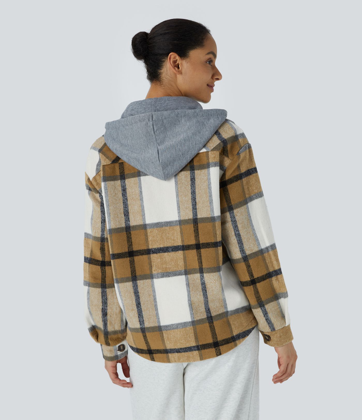 Chaqueta cuadro capucha extraíble cordón ajustable botón manga larga bolsillo lateral