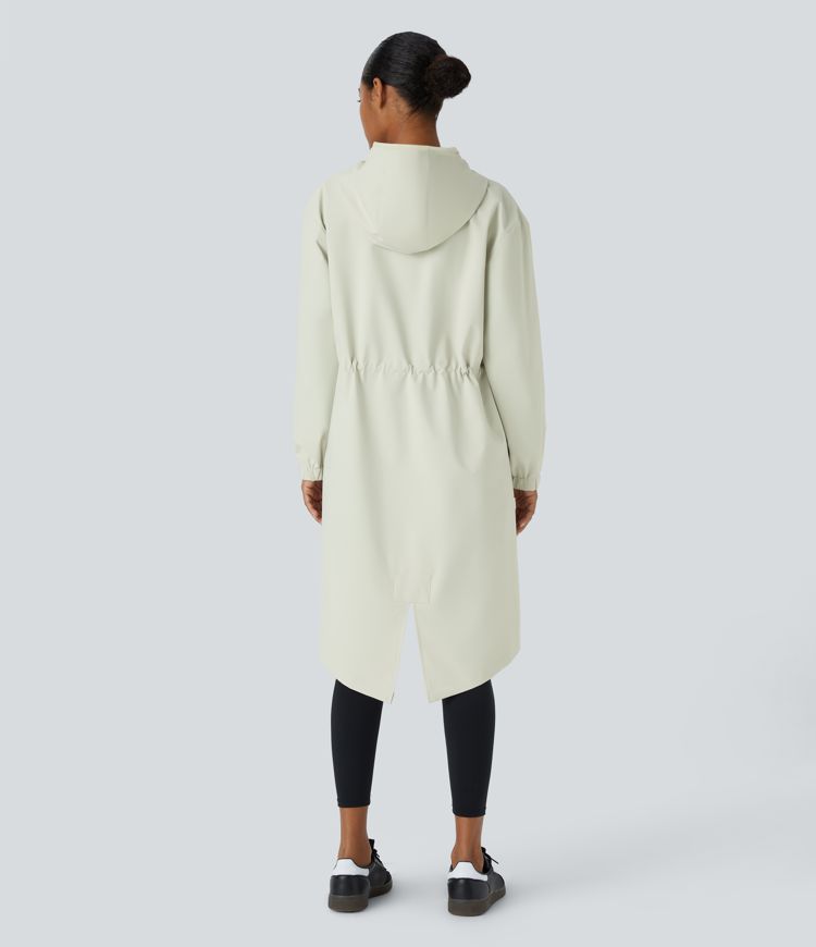 Water Repellent Hooded Drawstring Long Sleeve Pocket Longline Hiking Jacket