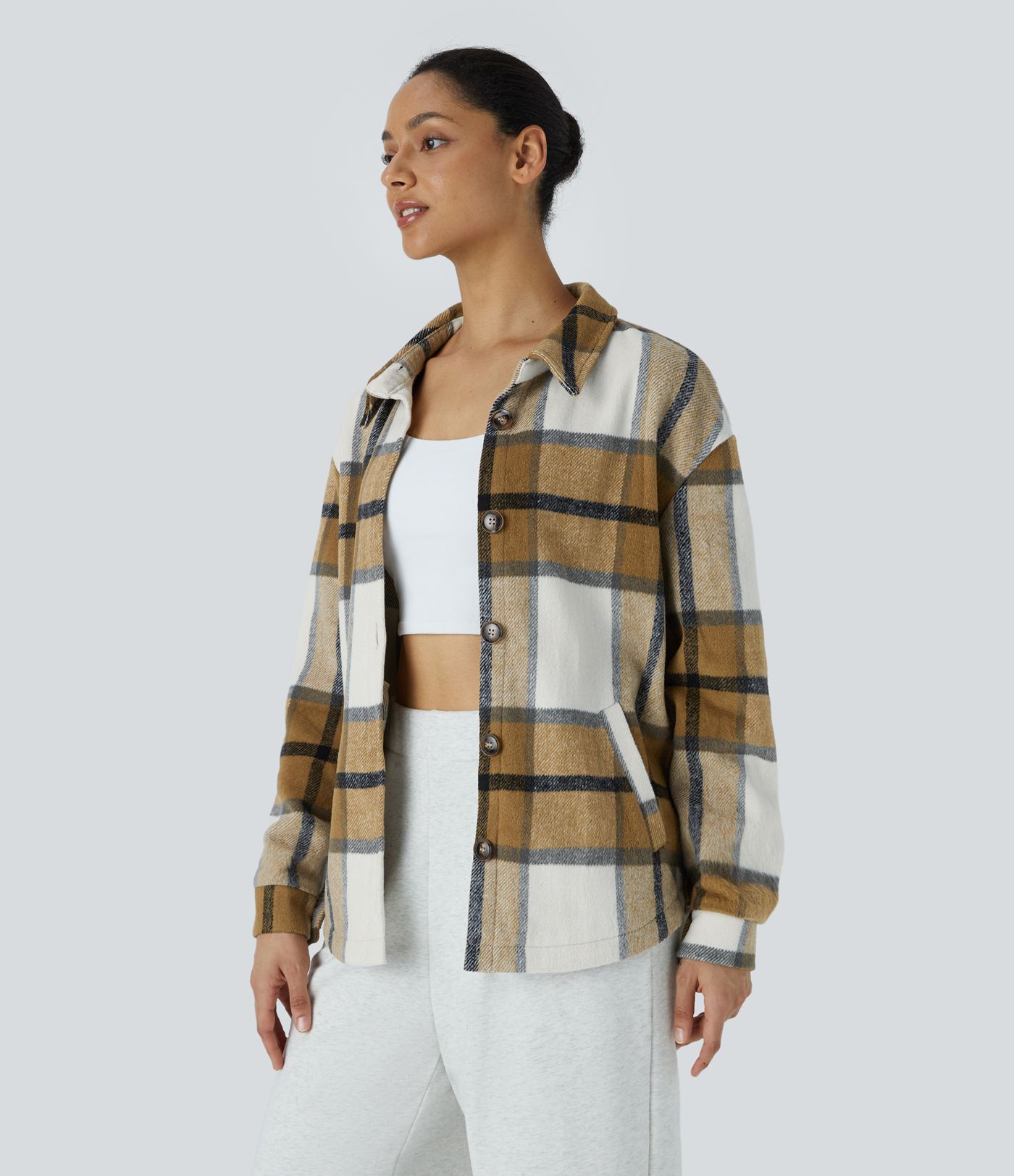 Chaqueta cuadro capucha extraíble cordón ajustable botón manga larga bolsillo lateral