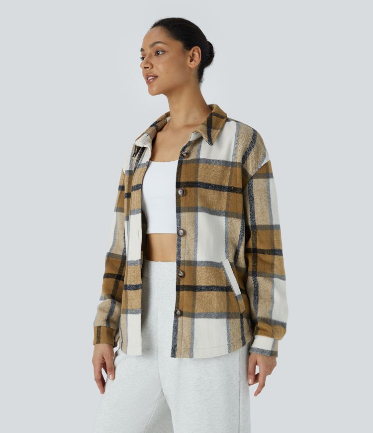 Chaqueta cuadro capucha extraíble cordón ajustable botón manga larga bolsillo lateral