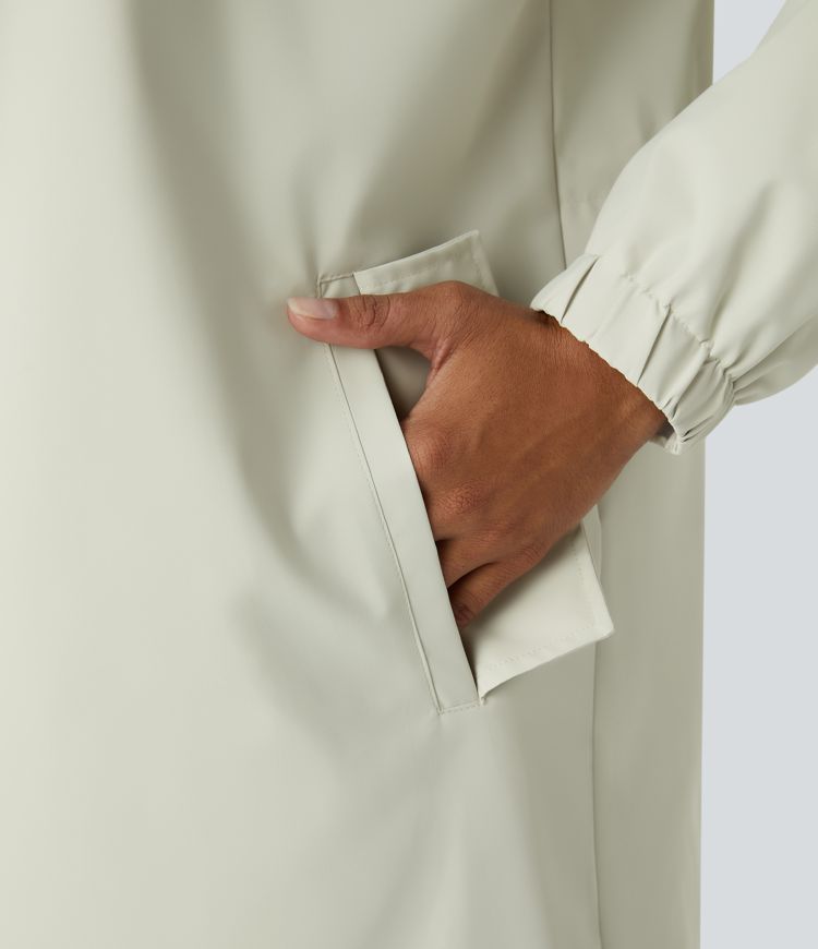 Water Repellent Hooded Drawstring Long Sleeve Pocket Longline Hiking Jacket