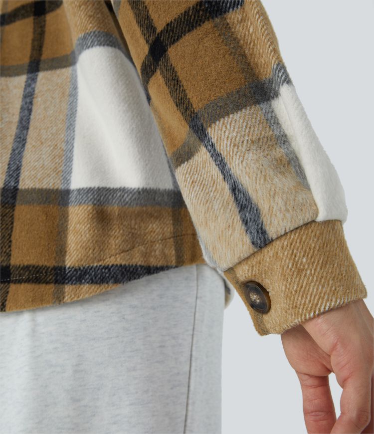 Chaqueta cuadro capucha extraíble cordón ajustable botón manga larga bolsillo lateral