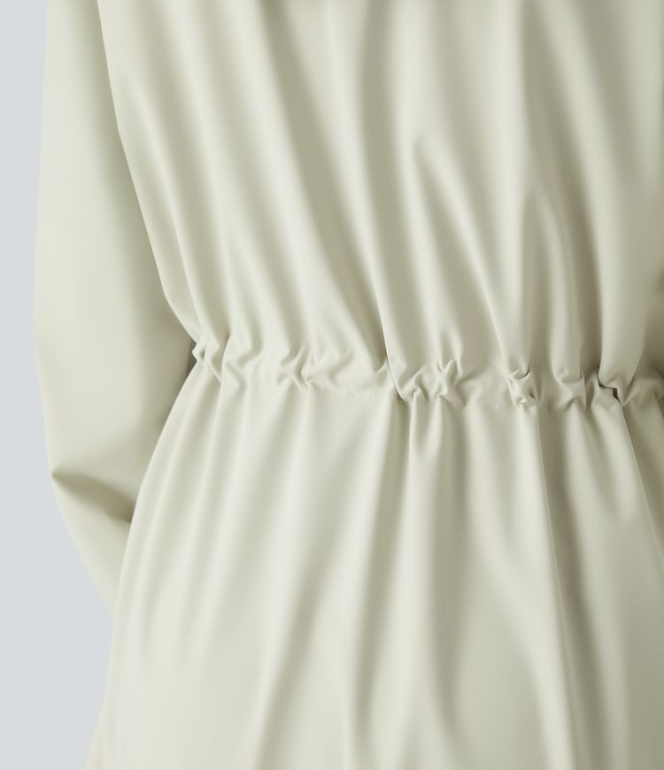 Water Repellent Hooded Drawstring Long Sleeve Pocket Longline Hiking Jacket