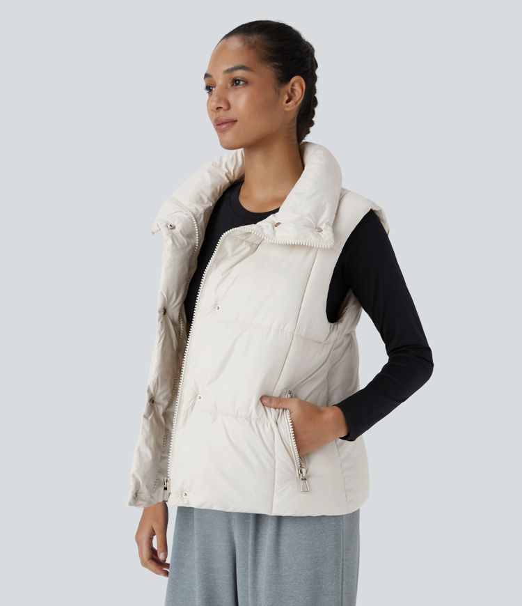 Gilet matelassé décontracté déperlant, col montant, fermeture éclair, boutons-pression et poches latérales