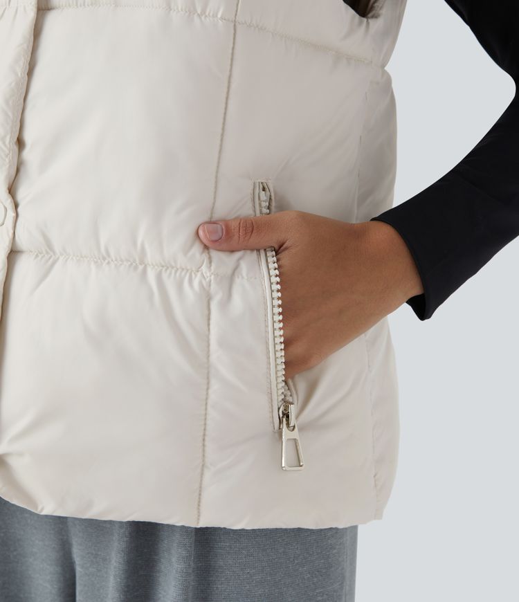 Gilet matelassé décontracté déperlant, col montant, fermeture éclair, boutons-pression et poches latérales