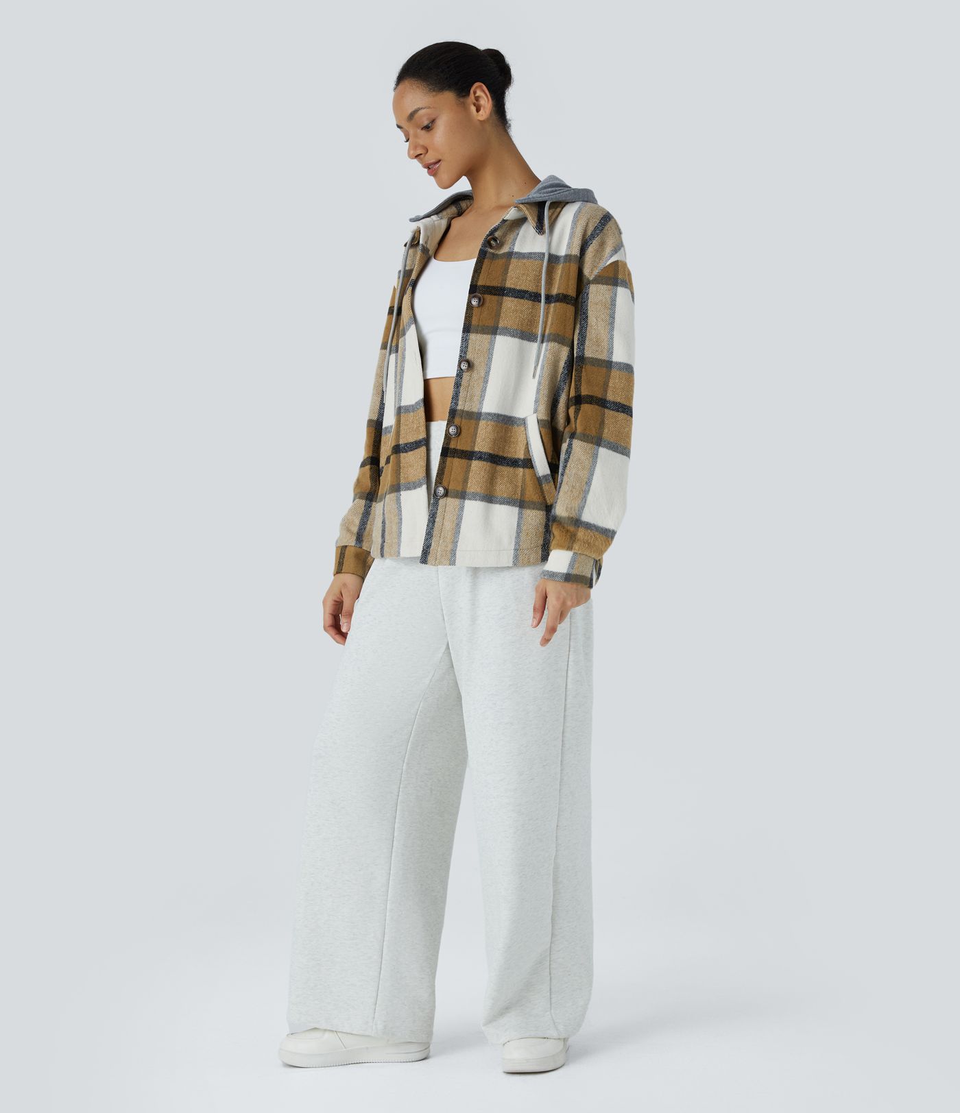 Chaqueta cuadro capucha extraíble cordón ajustable botón manga larga bolsillo lateral