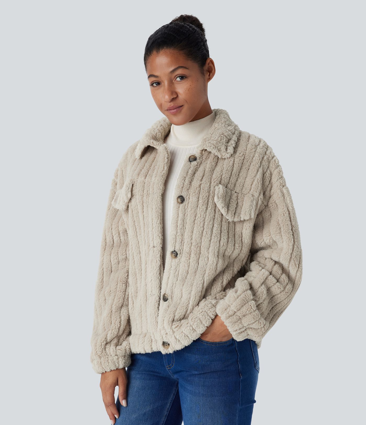 Chaqueta sherpa cuello botón manga larga