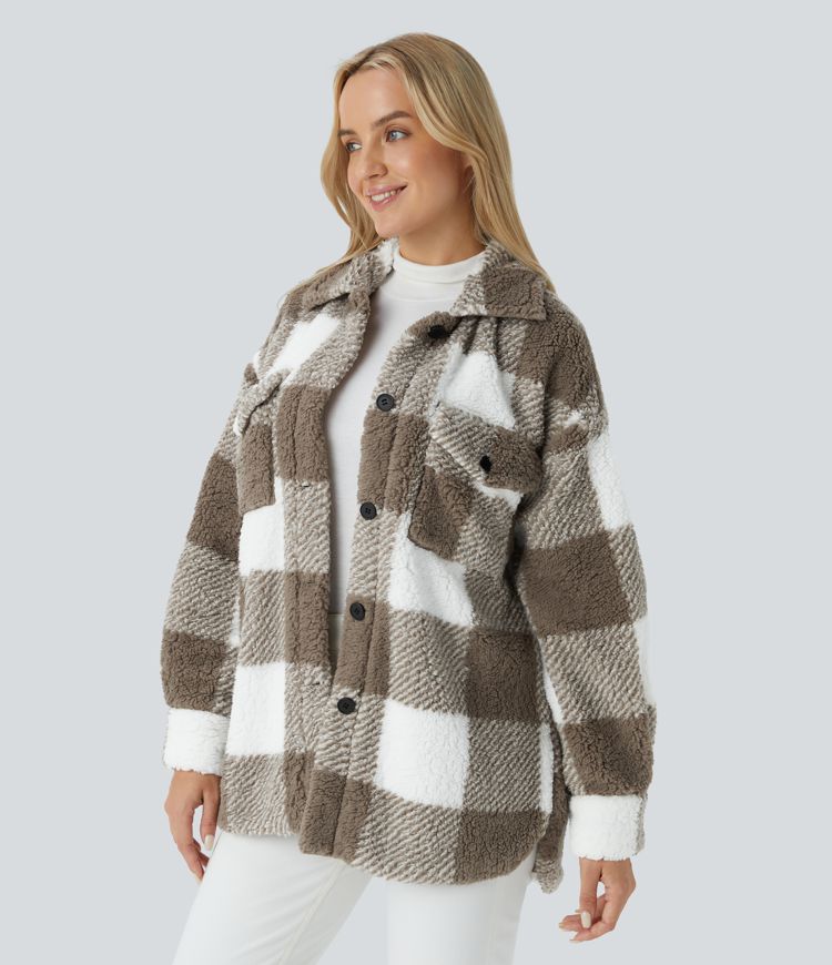 Pocket Long Sleeve Curved Hem Color Block Casual Sherpa Jacket