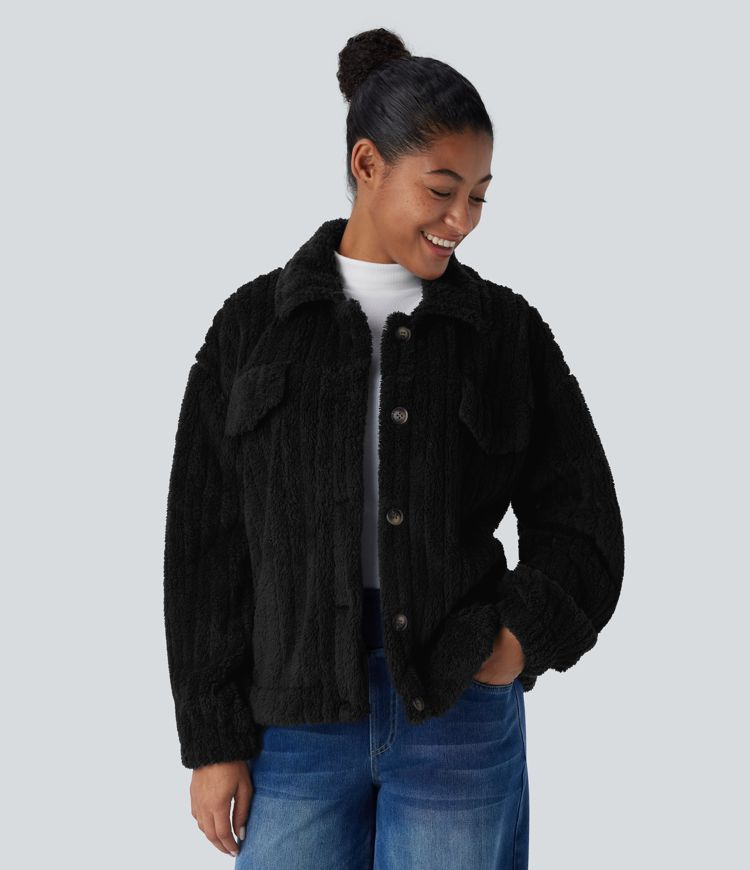 Collared Button Long Sleeve Casual Sherpa Jacket