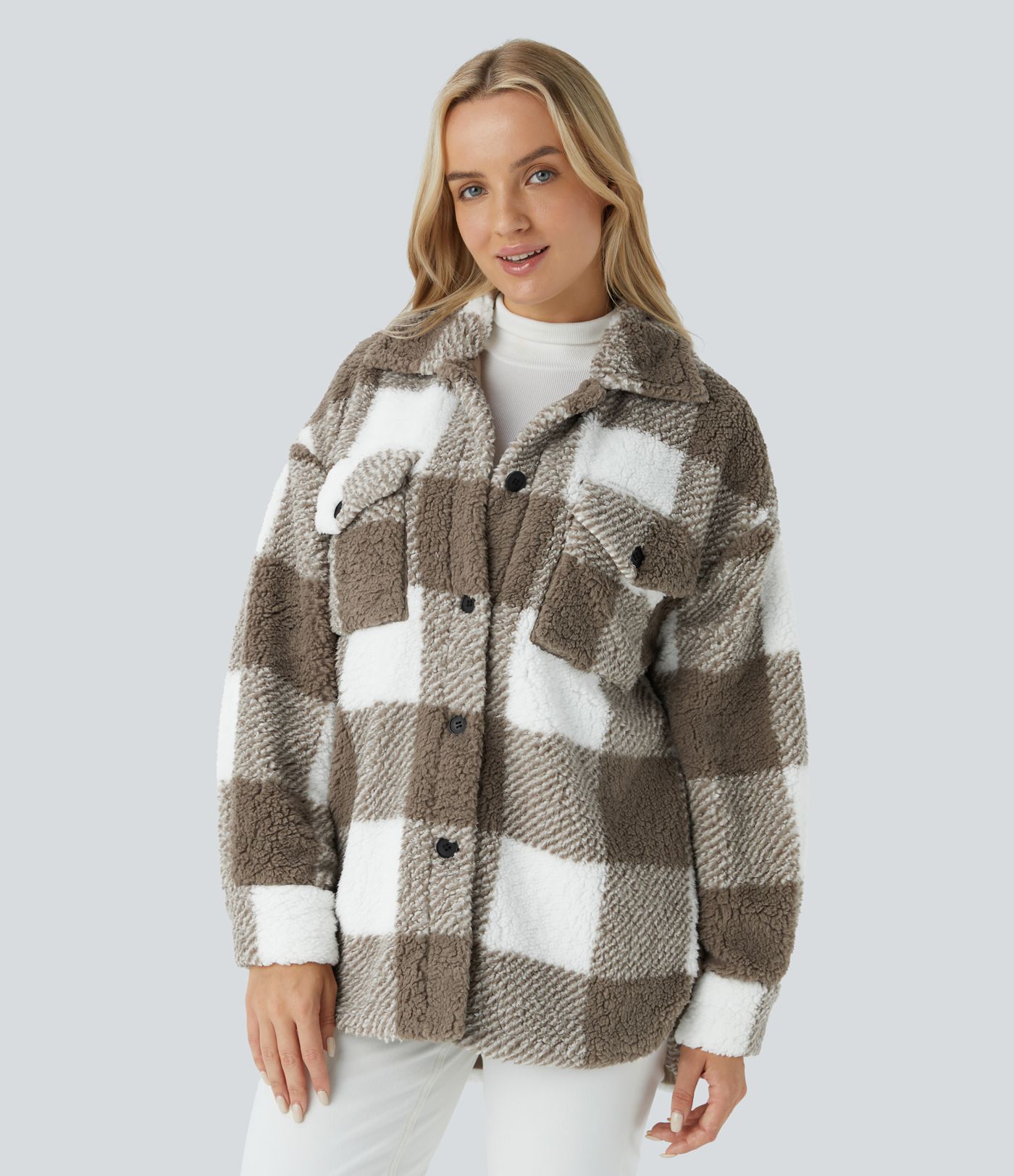 Pocket Long Sleeve Curved Hem Color Block Casual Sherpa Jacket