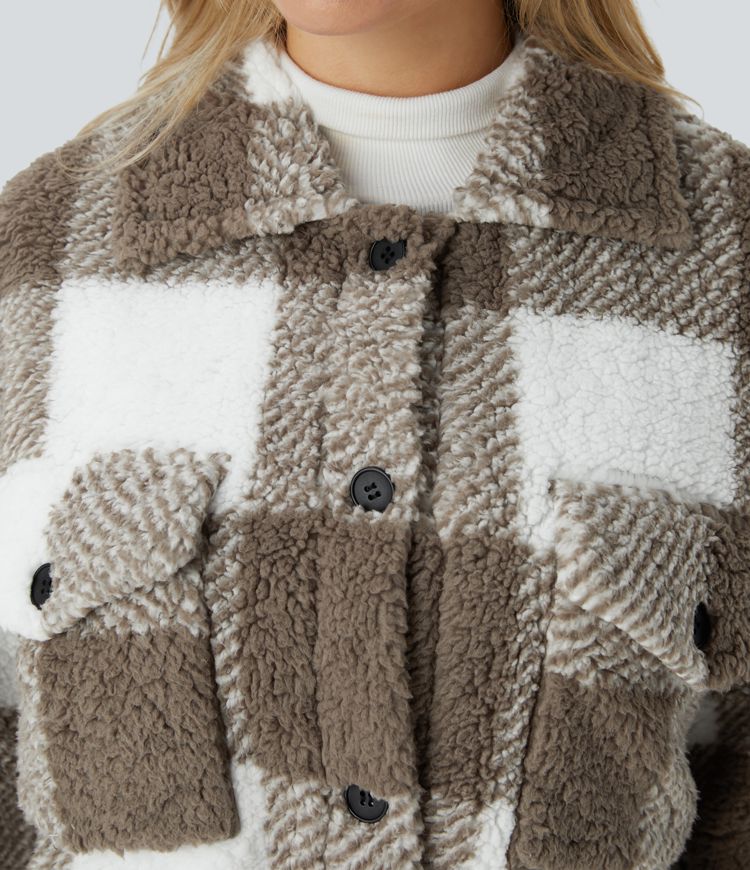 Pocket Long Sleeve Curved Hem Color Block Casual Sherpa Jacket