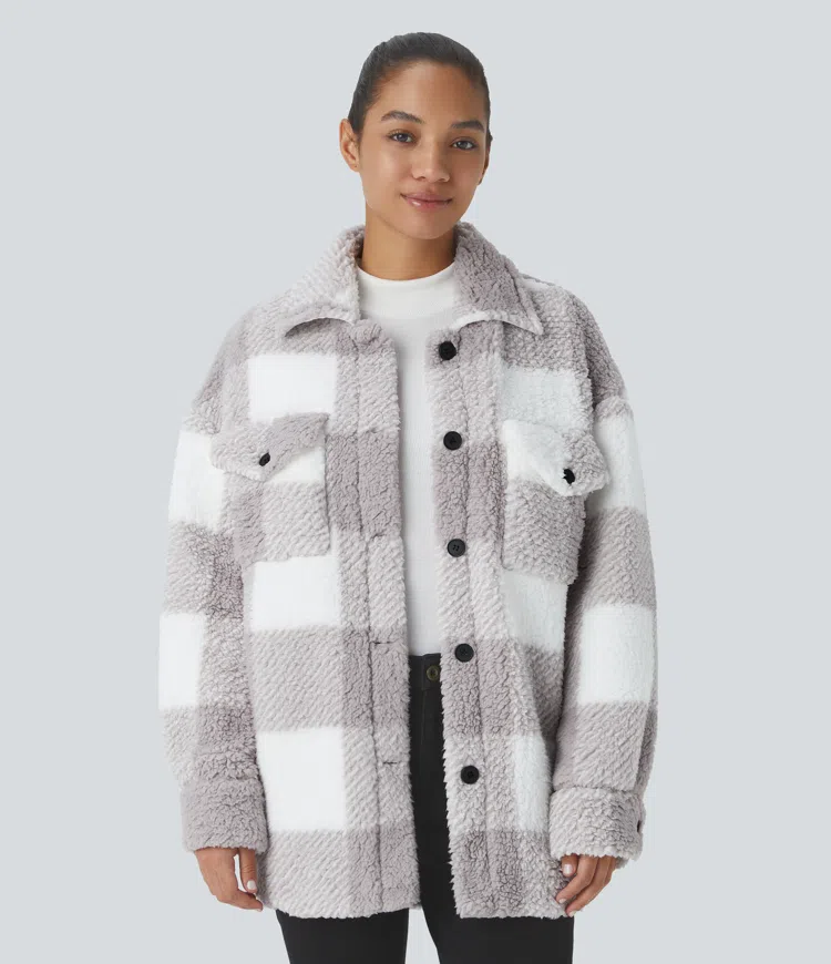 Pocket Long Sleeve Curved Hem Color Block Casual Sherpa Jacket