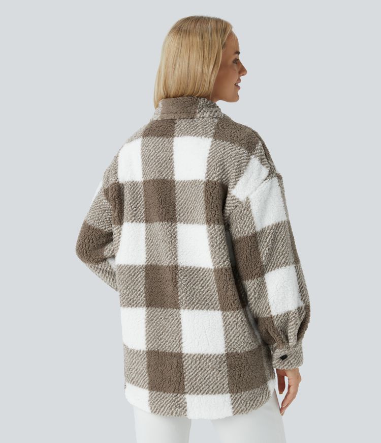 Pocket Long Sleeve Curved Hem Color Block Casual Sherpa Jacket