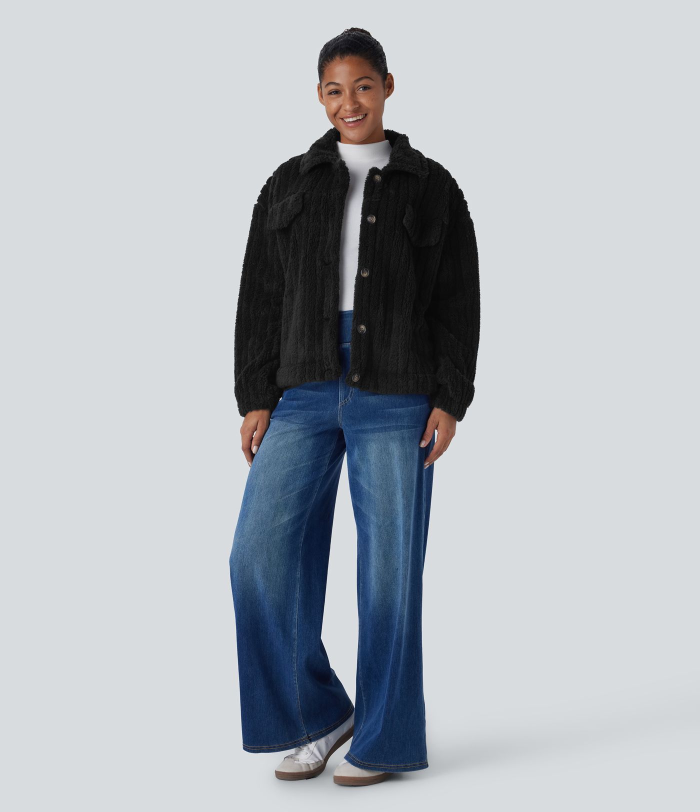 Collared Button Long Sleeve Casual Sherpa Jacket