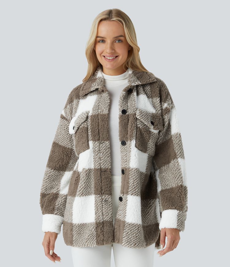 Collared Button Chest Pocket Long Sleeve Curved Hem Colour Block Casual Sherpa Jacket