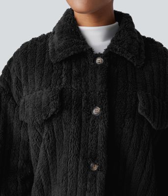 Collared Button Long Sleeve Casual Sherpa Jacket