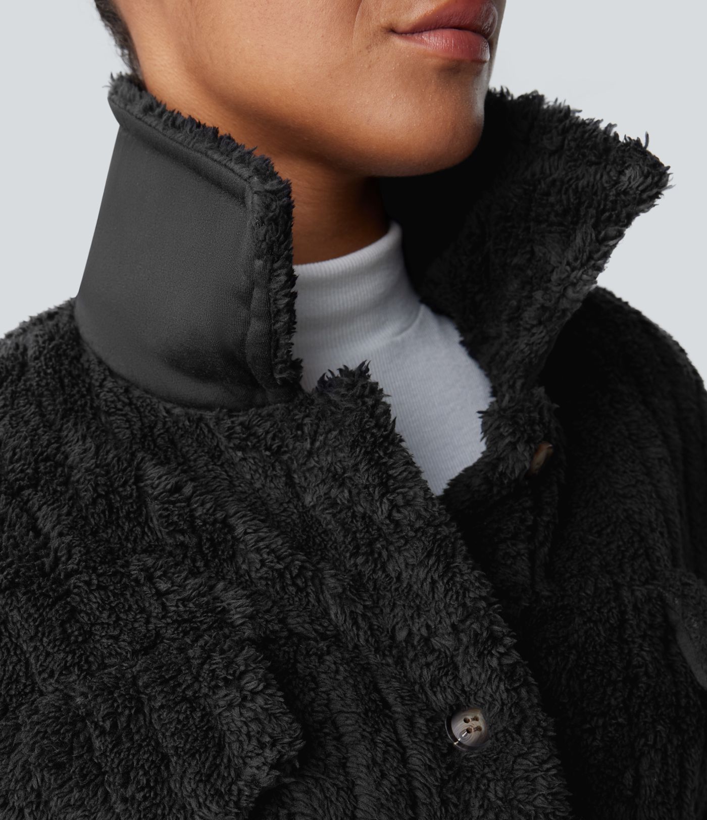 Collared Button Long Sleeve Casual Sherpa Jacket