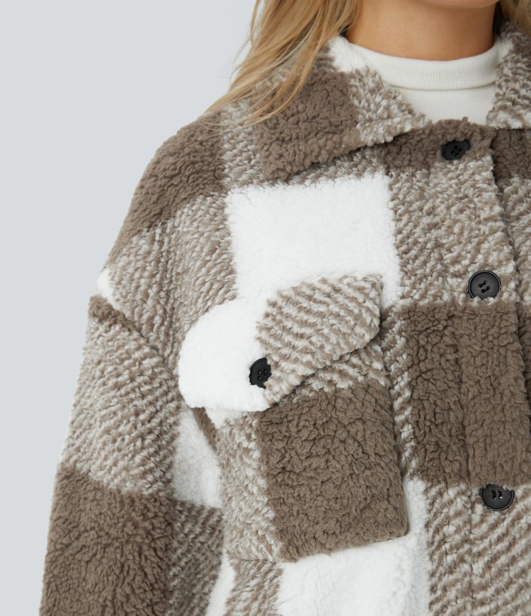 Pocket Long Sleeve Curved Hem Color Block Casual Sherpa Jacket