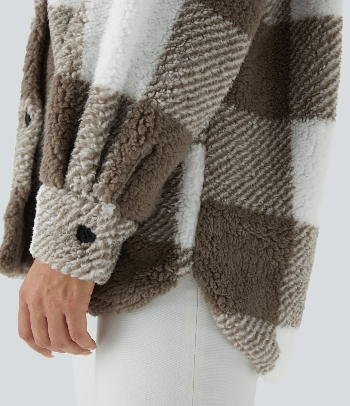 Pocket Long Sleeve Curved Hem Color Block Casual Sherpa Jacket