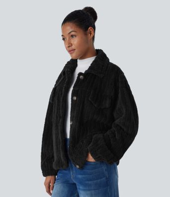 Collared Button Long Sleeve Casual Sherpa Jacket