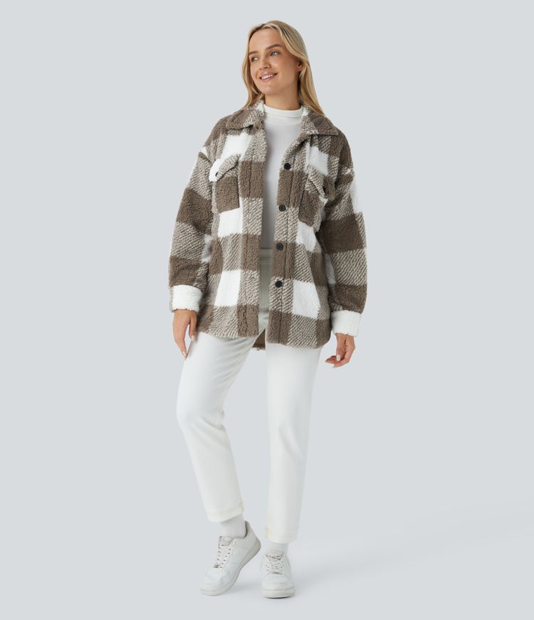 Pocket Long Sleeve Curved Hem Color Block Casual Sherpa Jacket