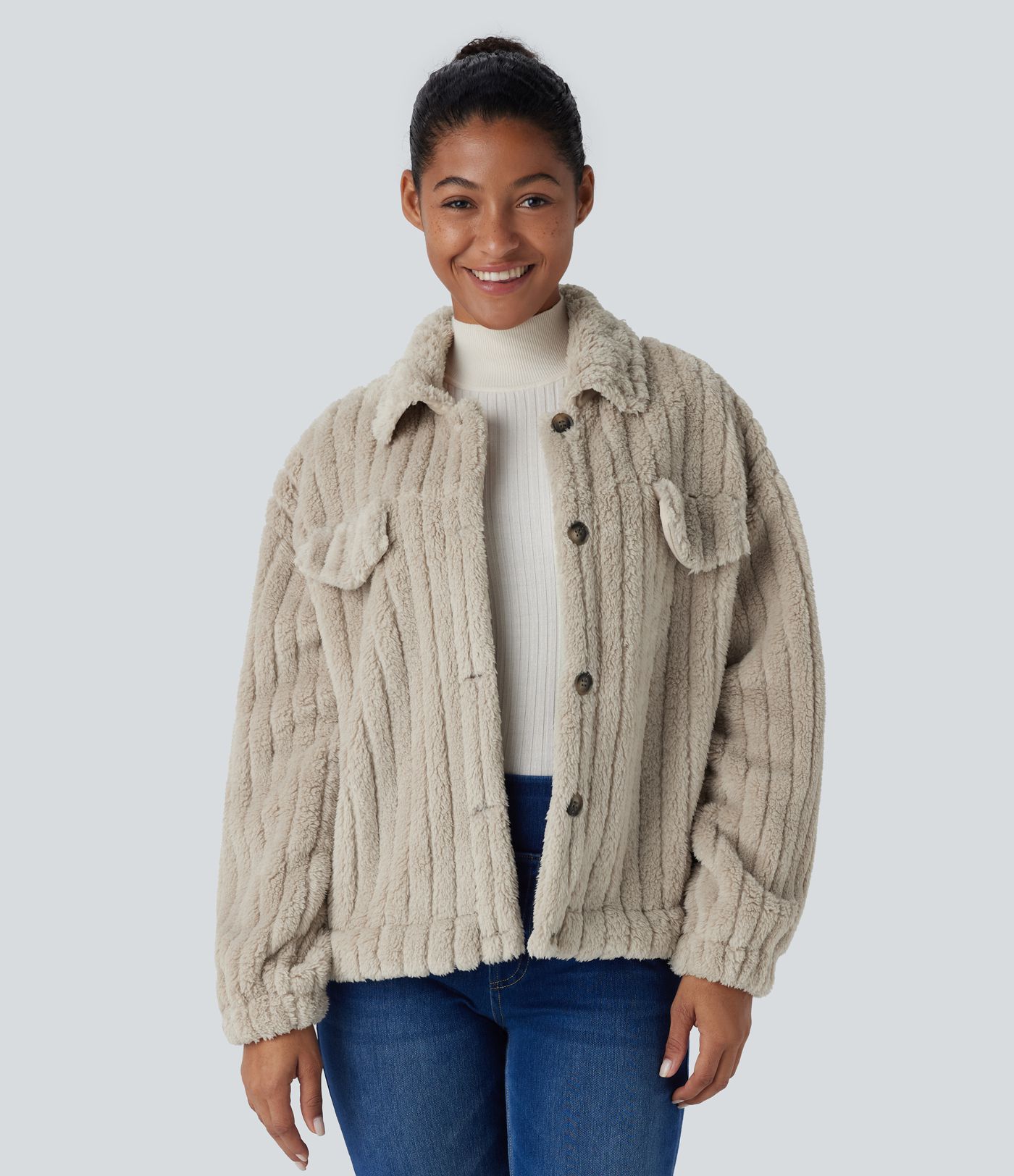 Chaqueta sherpa cuello botón manga larga