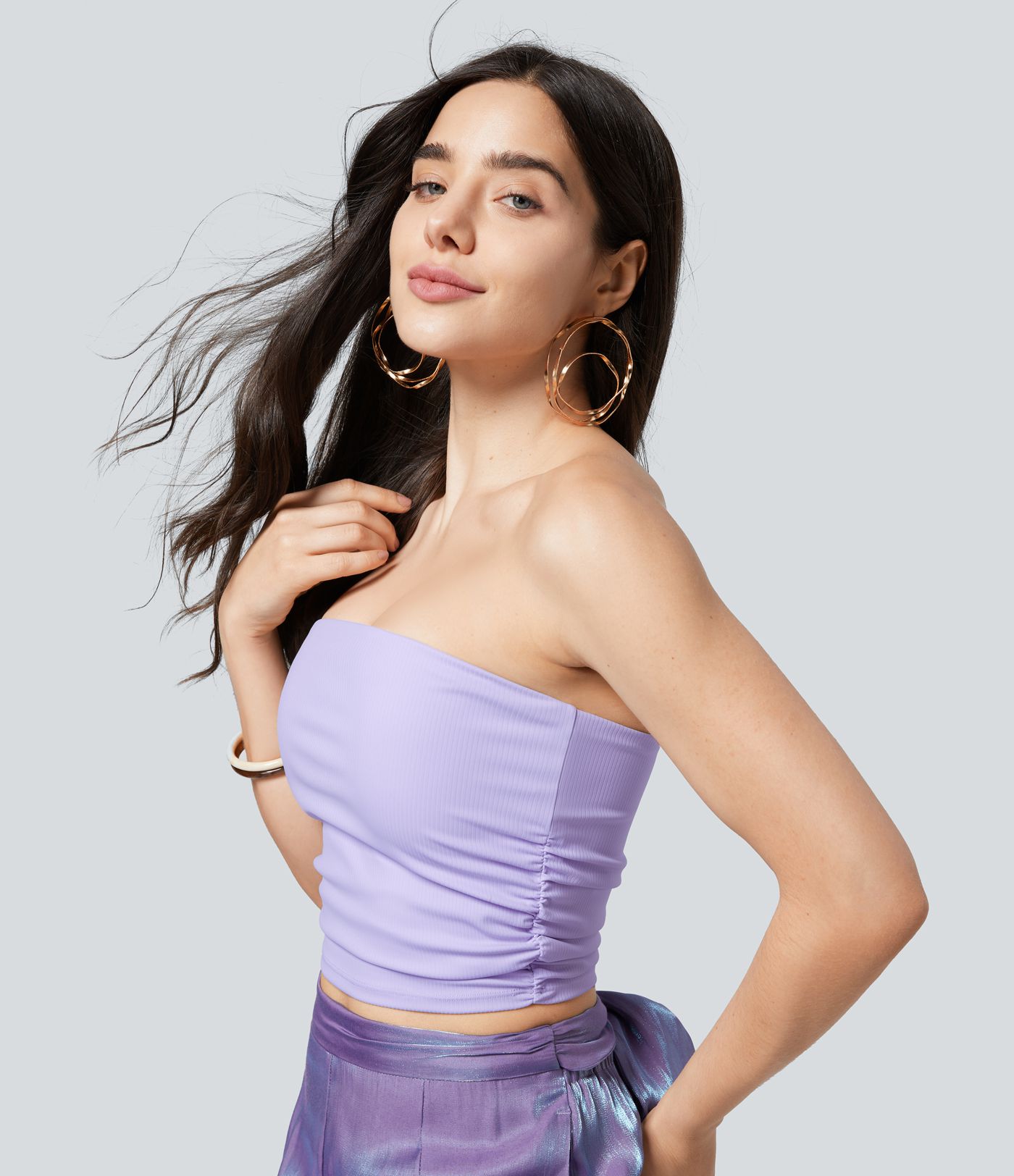 Haut tube court de yoga froncé en tricot côtelé