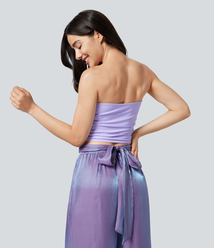 Haut tube court de yoga froncé en tricot côtelé