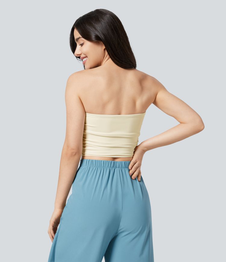 Haut tube court de yoga froncé en tricot côtelé