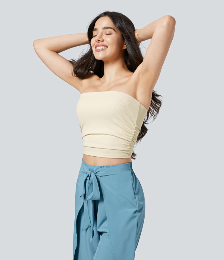 Haut tube court de yoga froncé en tricot côtelé