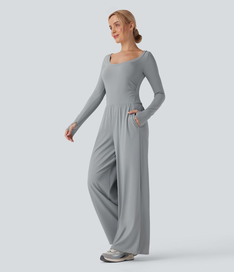 SoftlyZero™ Airy Long Sleeve Thumb Hole Cool Touch Workout Jumpsuit with Pockets-Easy Peezy Edition