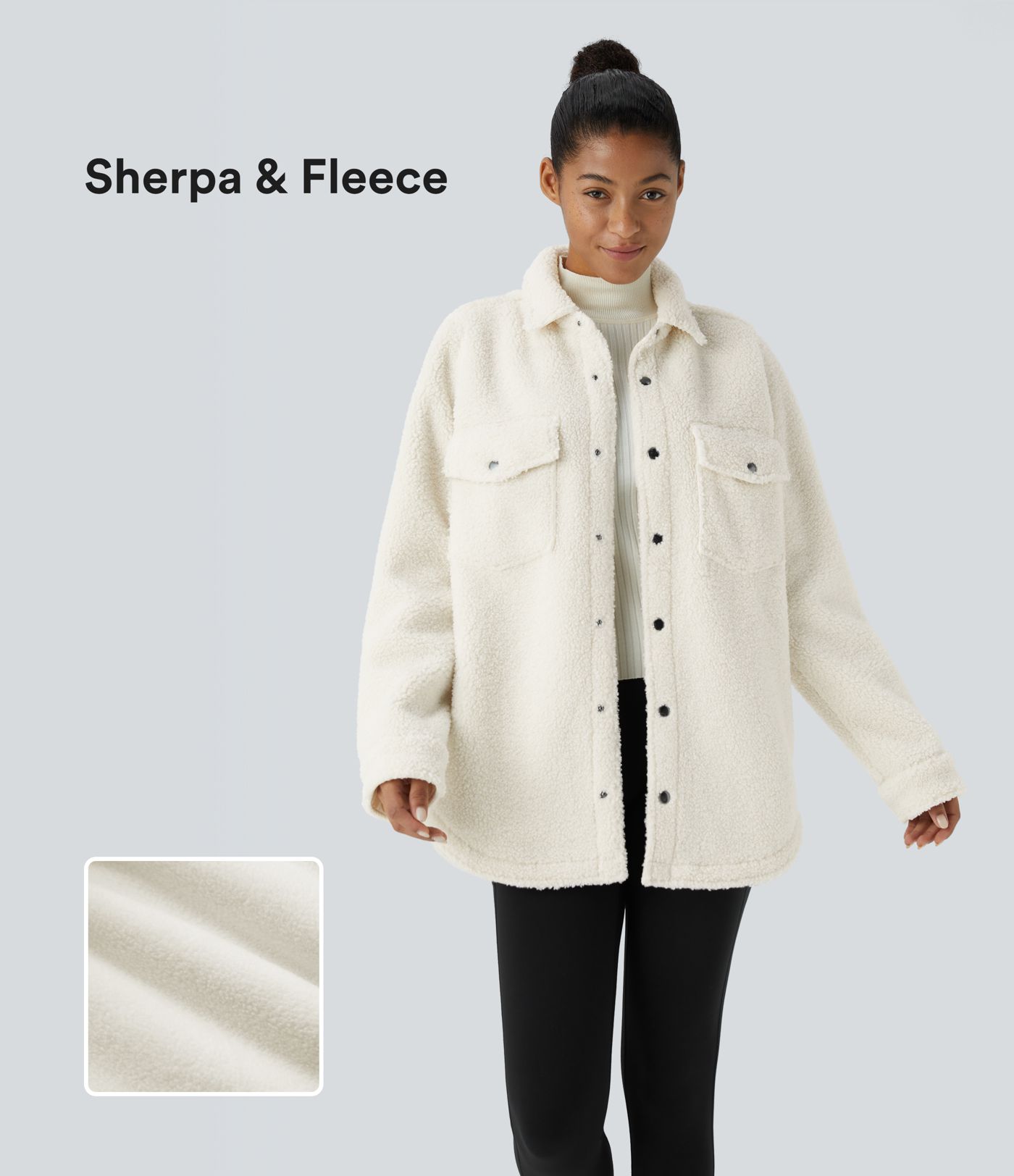 Chaqueta sherpa cuello botón bolsillo pecho manga larga dobladillo curvo