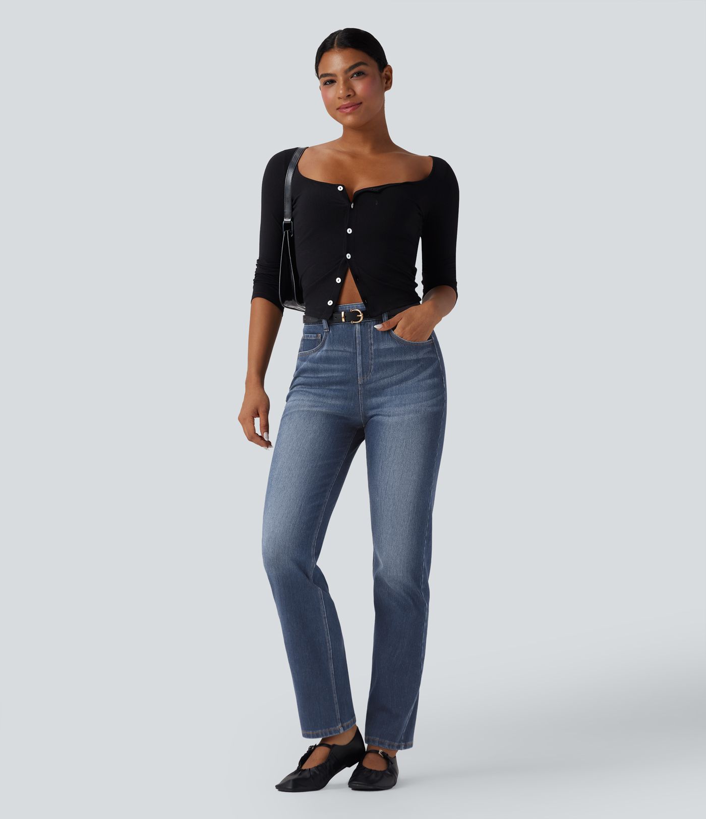 Halara Flex™ - Lässige, verwaschene Slim-Jeans mit hohem Bund, mehreren Taschen und Bauchkontrolle