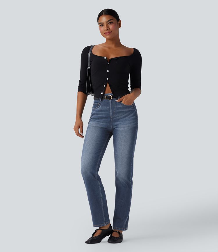 Halara Flex™ - Lässige, verwaschene Slim-Jeans mit hohem Bund, mehreren Taschen und Bauchkontrolle