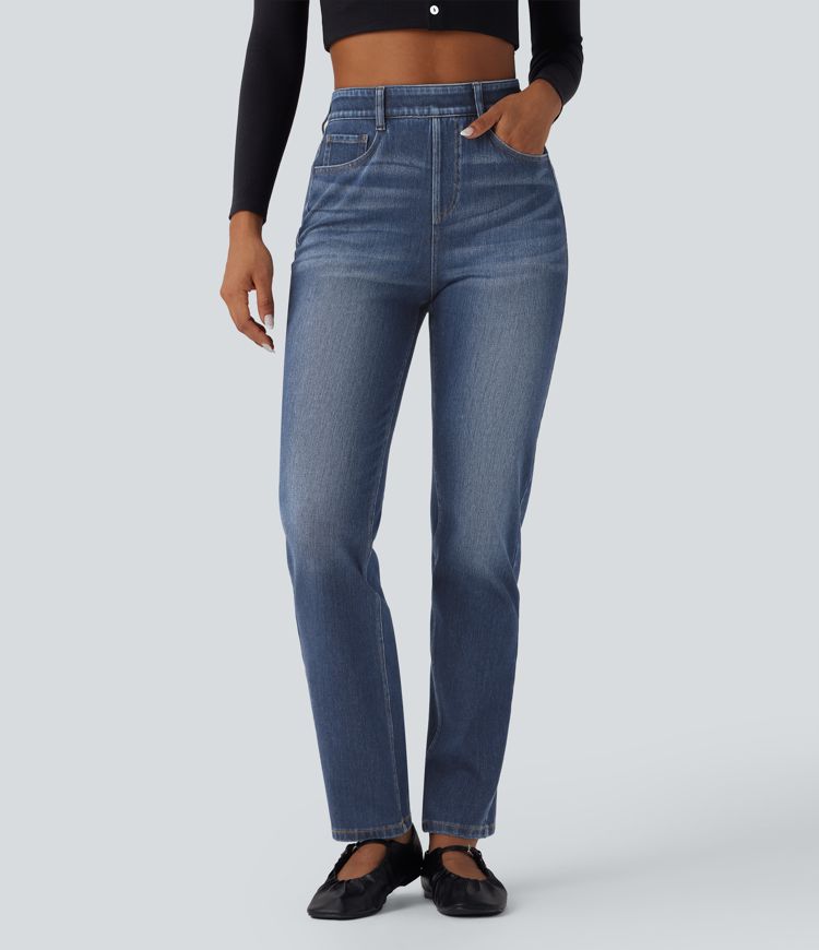 Halara Flex™ - Lässige, verwaschene Slim-Jeans mit hohem Bund, mehreren Taschen und Bauchkontrolle