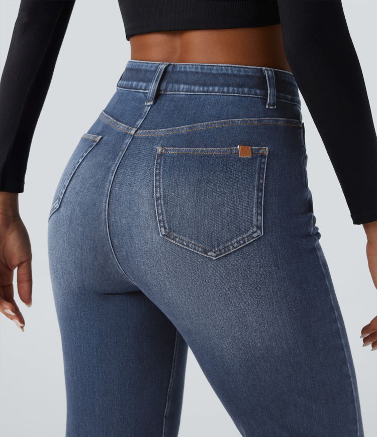 Halara Flex™ - Lässige, verwaschene Slim-Jeans mit hohem Bund, mehreren Taschen und Bauchkontrolle