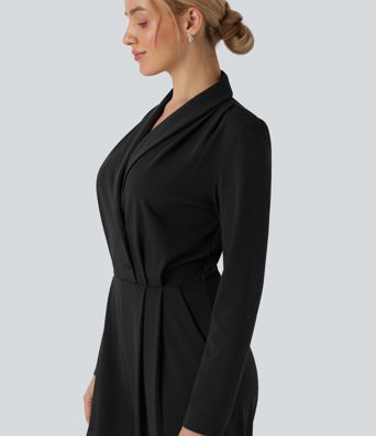 V-neck Long Sleeve Belted Jumpsuit with Pockets-Easy Peezy