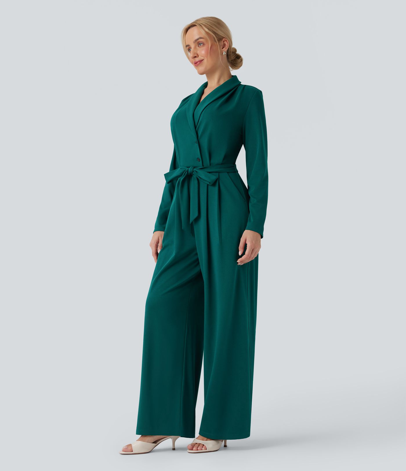 SculptKnit V-neck Long Sleeve Belted Jumpsuit with Pockets-Easy Peezy