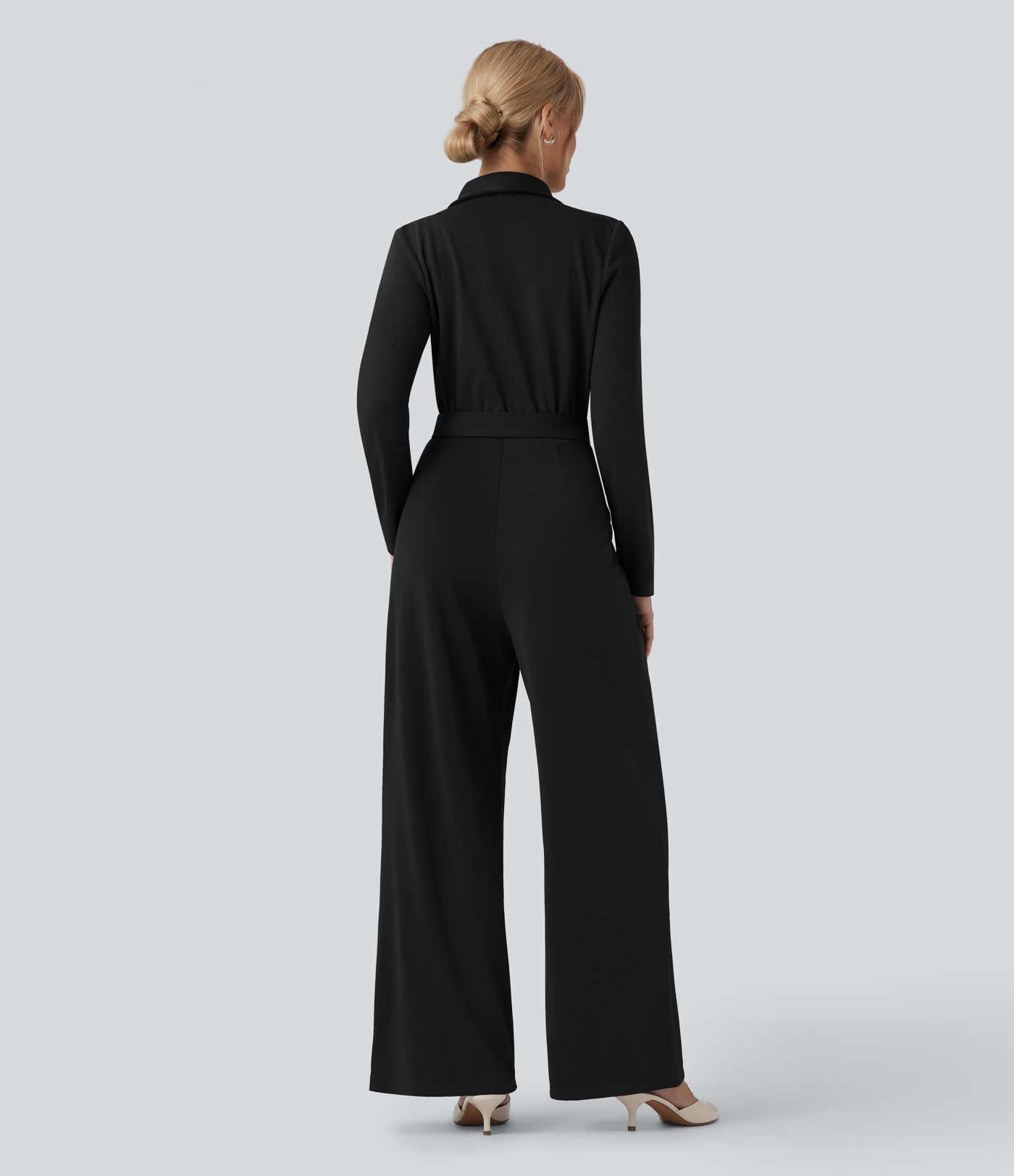 V-neck Long Sleeve Belted Jumpsuit with Pockets-Easy Peezy